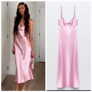 ZARA SATIN EFFECT MIDI SLIP DRESS PINK
